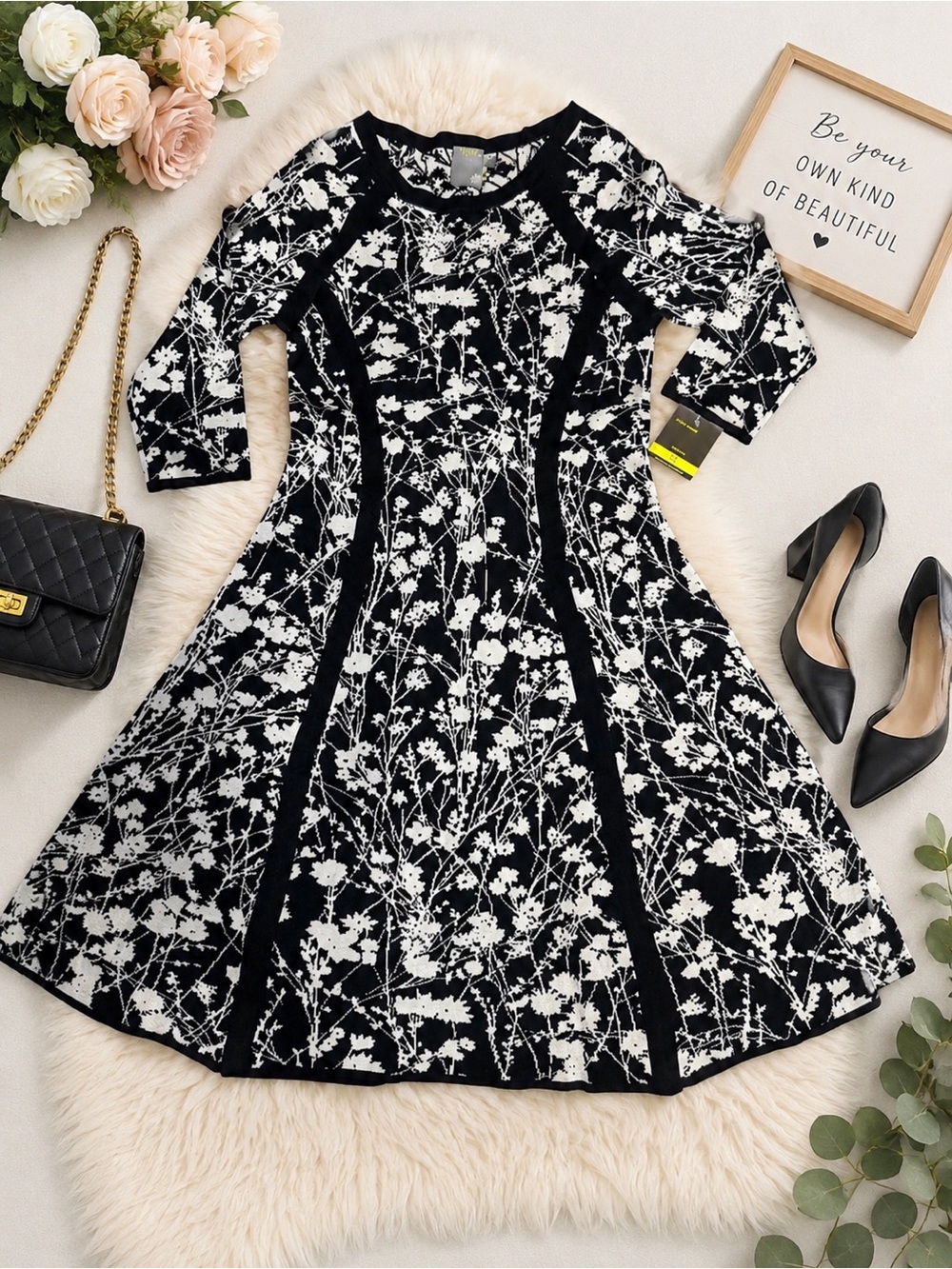 Taylor Black & White Floral & Flare Sweater Dress NWT Elegant Midi Knit Dress